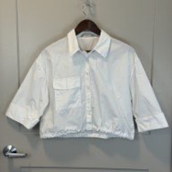 Mango Tops - MNG Mango White 100% Cotton Cropped Snap Front Shirt Adjustable Hem Size 4